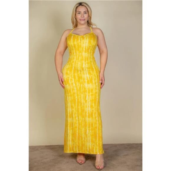 Plus Size Tie Dye Printed Cami Bodycon Maxi Dress- Yellow Tie Dye - Picture 1 of 5